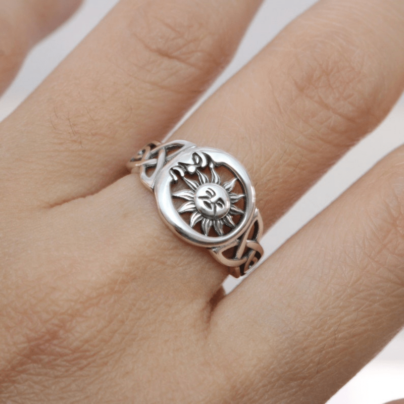 925 Silvery Retro Bohemian Moon Sun Ring for Women